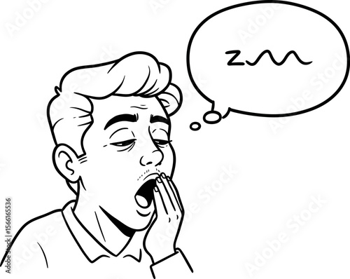 Illustration of a tired man yawning with a sleep bubble for sleepiness and fatigue concepts art