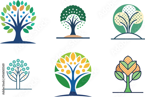 Six unique trees in an assortment of styles offer creative logo design possibilities for nature conservation and eco-friendly branding.