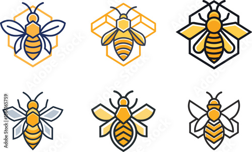 Creative bee badge set showcases simple and clean line art for honey, apiary, and nature-related branding elements.