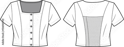 Cropped button-down blouse, short sleeve top, square neck shirt, mesh back panel blouse, fashion sketch front and back view