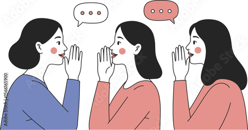 Illustration of gossip women sharing secrets whispering communication network social media viral marketing