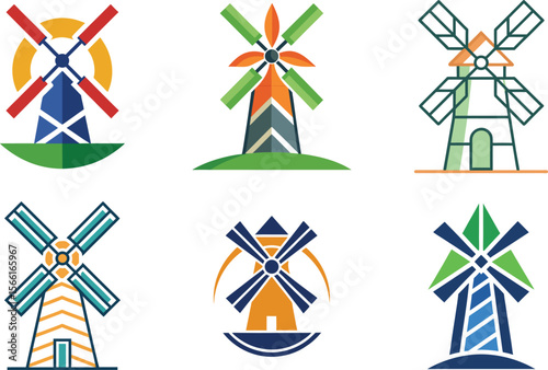 Six cheerful windmill graphics offer distinct designs in varied colors, ideal for agricultural or sustainable energy themed designs, representing traditional icons.