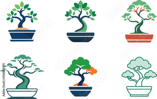 Six bonsai tree icons showcase miniature potted plants, ideal for zen gardens, oriental concepts, and nature-themed design elements.