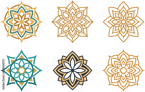 Ornamental flower designs with radial symmetry offer elegant aesthetics for logos, patterns, and decorations, showcasing a blend of traditional and modern styling.