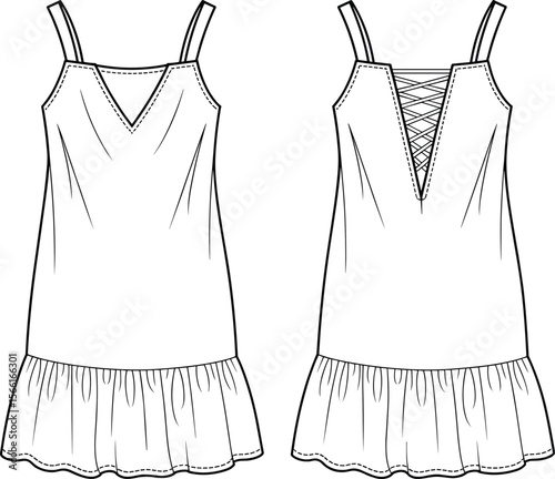 Ruffled sundress, sleeveless V-neck dress, lace-up back design, summer dress sketch, fashion flat template, front and back view