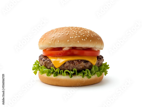 A delicious cheeseburger with fresh ingredients on a white background
