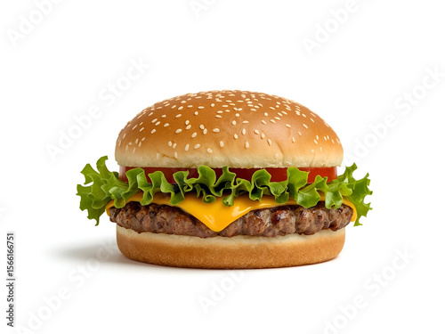 A delicious cheeseburger with fresh ingredients on a white background