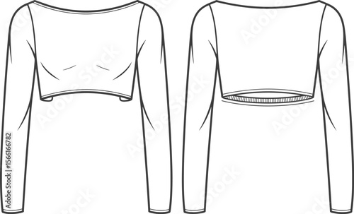 Women’s long sleeve crop top, minimalist fashion flat, vector sketch, tight fit shirt, contour lines, technical design, seamless look