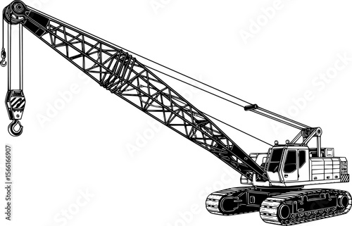 A crane, black and white, industrial machinery, long boom, hook and pulley system