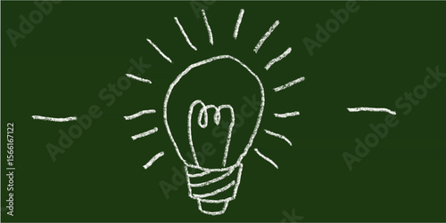 Chalk drawing of light bulb with glowing lines on green chalkboard. Symbol of idea, creativity, innovation, solution, inspiration, thinking, business concept, brainstorming, success.