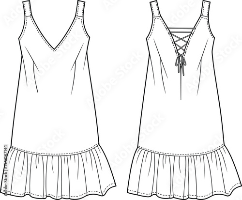 Women’s ruffle hem slip dress, back lace-up detail, V-neck dress sketch, vector fashion flat, sleeveless, flared hem, minimalist design