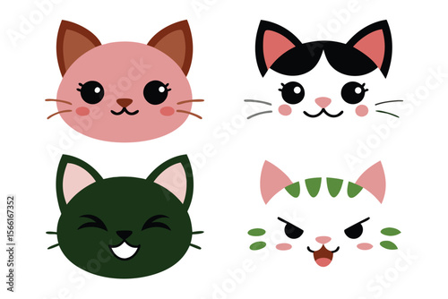 Collection of cute cat face emoticons with happy curious and grumpy expressions