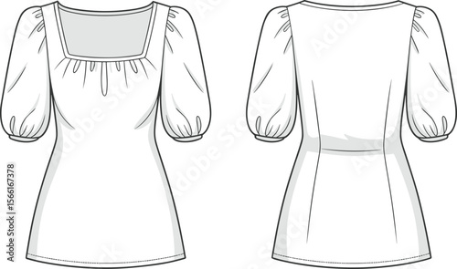 Women’s puff sleeve blouse, fitted silhouette, square neckline shirt sketch, fashion top flat, technical drawing, waist dart detail, stylish design