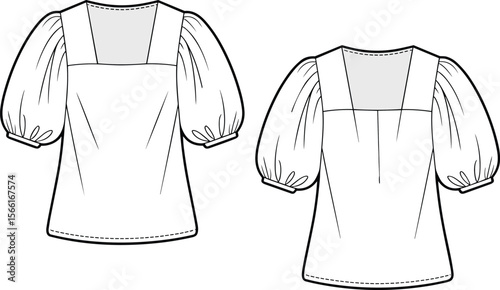 Square neckline puff sleeve blouse, women’s top fashion flat, technical drawing, stylish shirt sketch, princess seam design, back button detail