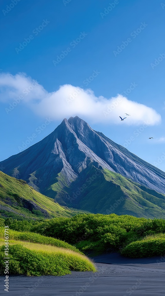 Jagged Volcanic Cone with Steam Clouds and Lush Green Foliage Jagged Volcanic Cone with Steam Clouds and Lush Green Foliage