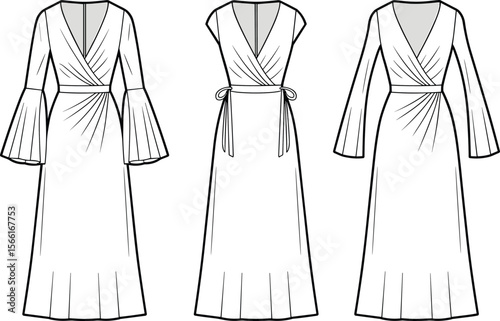 Wrap dress flat sketch, long sleeve wrap dress, fashion technical drawing, flared sleeve dress, belted gown outline, women’s fashion template