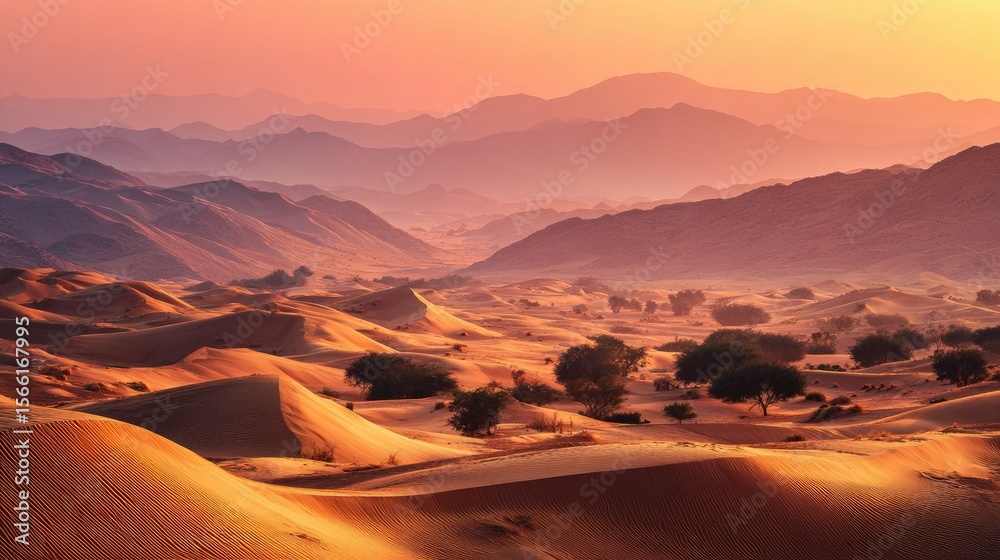 Naklejka premium Golden Desert Sunset Landscape with Sand Dunes and Mountains