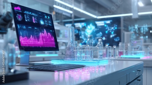 Wallpaper Mural digital lab dashboard with sample tracking and test results, holographic screen above laboratory table with glowing charts and molecular data Torontodigital.ca