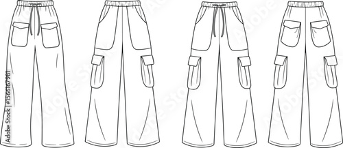 Cargo jogger pants sketch, drawstring waist trousers flat, fashion technical drawing, utility pants outline, pocketed joggers, baggy pants design