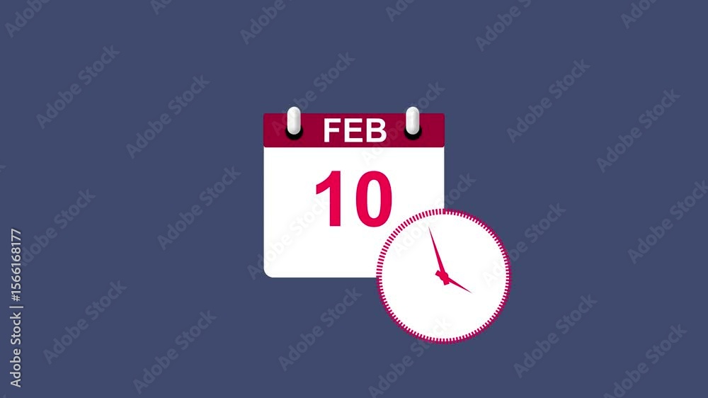 February month 10 date calendar icon clock magenta red color animation 4k video. 