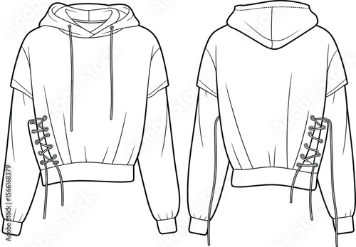 Side lace-up hoodie, short sleeve hoodie, technical fashion sketch, cropped pullover, modern sweatshirt, hoodie flat drawing, women’s apparel sketch