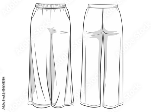 Wide leg pants with pockets, elastic waistband trousers, casual loose fit pants, vector fashion sketch, front and back view