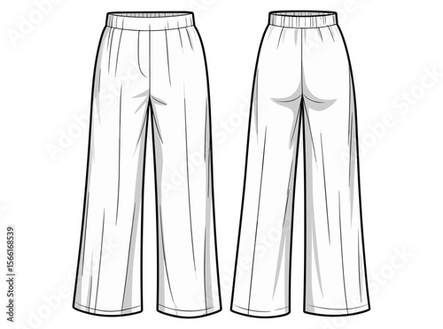 Wide leg pants vector, elastic waist pants, fashion flat sketch, casual trousers, front and back view, women’s clothing template