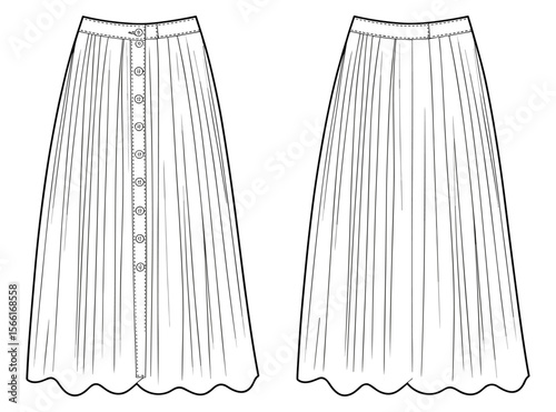 Button front skirt vector, pleated A-line skirt, fashion flat sketch, women’s skirt technical drawing, high waist, front view