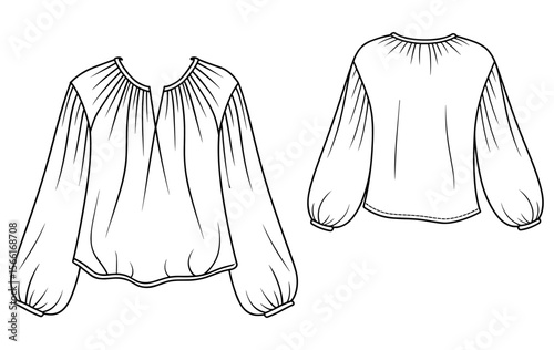 Women’s gathered blouse flat sketch, front and back view, long sleeve top design, fashion technical drawing, puff sleeve shirt template, vector