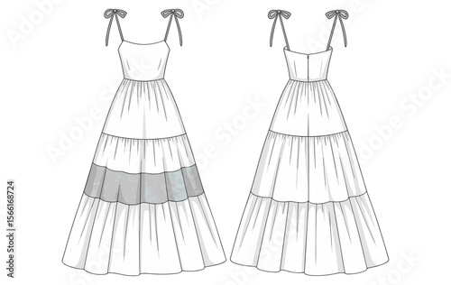 Tiered maxi dress flat sketch, front and back view, strappy sundress design, fashion technical drawing, ruffle layer dress, women’s summer outfit