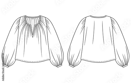 Long sleeve blouse flat sketch, front and back view, fashion technical drawing, women’s top design, puff sleeve shirt template, vector outline
