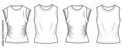 Vector fashion flat sketch of women's sleeveless ruched and plain tank tops, technical drawing for apparel design, clothing