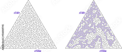 Triangular labyrinth of hard difficulty. Egyptian pyramid with solution - passing route. Maze of high complexity, black and white vector illustration. Nice brainstorm puzzle