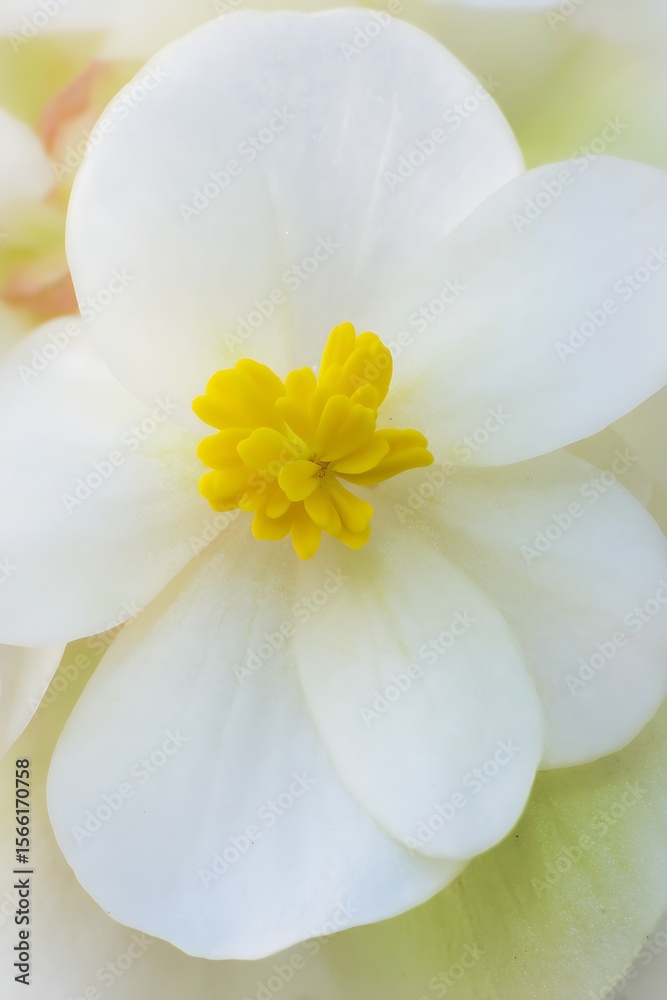 Fototapeta premium Bright yellow center highlights pristine white begonia petals in a beautifully soft floral closeup
