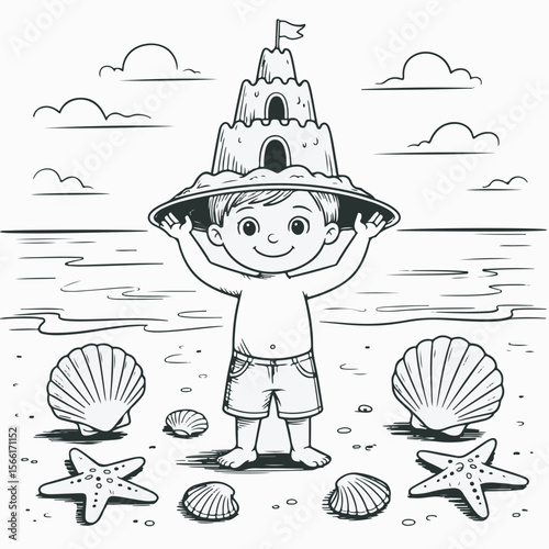 Adorable little boy enjoying a sunny beach day while building a whimsical sandcastle wearing a wide brimmed hat.