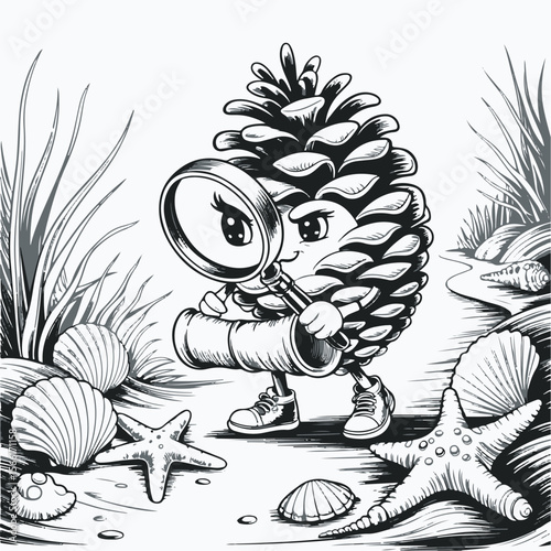 Animated pinecone character exploring the beach scene with a magnifying glass discovering coastal life