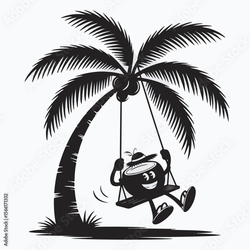 A cheerful coconut character swings on a swing set tied to a tropical palm tree silhouette enjoying a summer vacation.