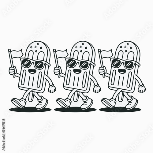 Three cheerful cartoon popsicle characters marching together while sporting sunglasses and waving flags