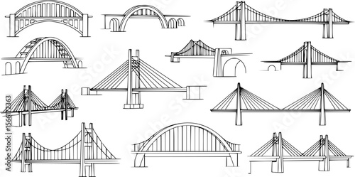 A set of bridge illustrations in a line art style