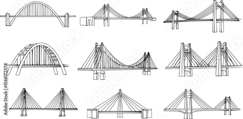 A set of bridge illustrations in a line art style