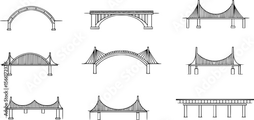 A set of bridge illustrations in a line art style