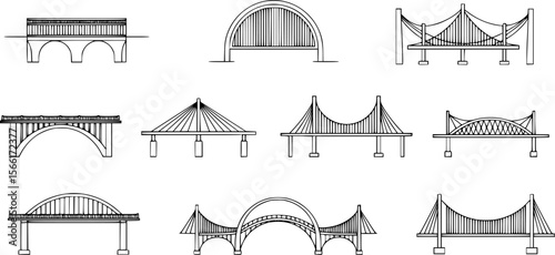 A set of bridge illustrations in a line art style