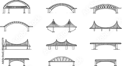 A set of bridge illustrations in a line art style