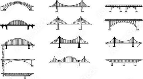 A set of bridge illustrations in a line art style