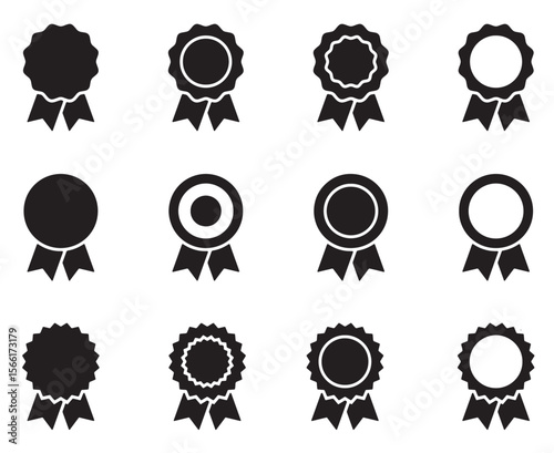 Award Ribbon Icon Collection Black Silhouette Badges for Certificates and Achievements A minimalist set of 12 black award ribbon icons in bold silhouette style, featuring various circular