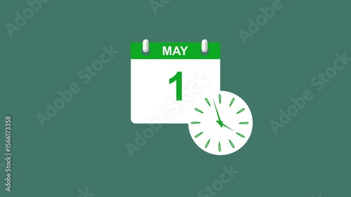 May month 1 date calendar icon clock lime green color animation 4k video. 