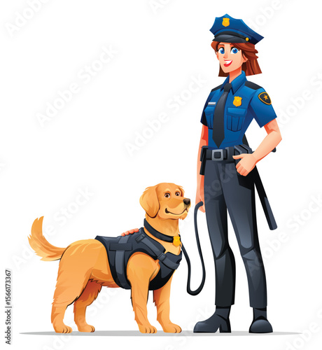 Female police officer with her Golden Retriever K9 partner, ready for public service. Vector cartoon illustration
