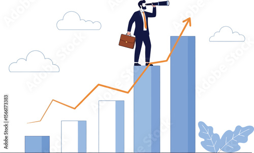 Business growth strategy and vision with man on chart looking through telescope