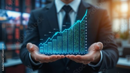 Planning and strategy, Stock market, Business growth, progress or success concept. Businessman or trader shows growing virtual hologram stocks, investing in trading. 4k video