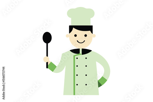 Left handed chef with spoon cooking in a kitchen culinary illustration